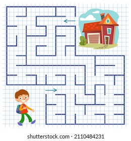 A schoolboy with a backpack goes home through the maze. Square maze with a boy for children. Children's cute game. Development of preschoolers. Vector color illustration.