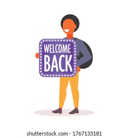 schoolboy with backpack holding welcome back board coronavirus quarantine is over back to school concept full length vector illustration
