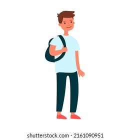 Schoolboy with a backpack on his back. Male cartoon characters of different generation. Man in ages of baby, kid, teenage boy, adult, senior person with cane. Vector