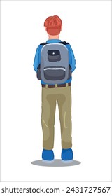 Schoolboy with backpack on white background, back view