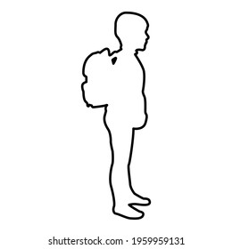 Schoolboy with backpack Pupil stand carrying on back Going to school concept Come back to school idea education Preschooler rucksack first September start lessons knapsack Side view contour outline 