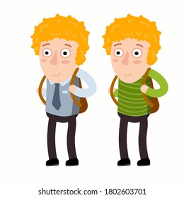 Escolar con mochila. Chico de pelo rojo. Dibujando niños. Joven con uniforme escolar. Divertido juego de niños. Ilustración plana de dibujos animados aislada sobre fondo blanco