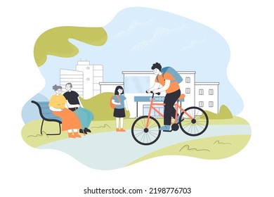 Schoolboy With Backpack Riding Bike On Road From School. Boy Cycling, Elderly Couple Sitting On Park Bench Flat Vector Illustration. Lifestyle Concept For Banner, Website Design Or Landing Web Page