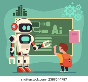 Escolar con mochila y robot cerca de la pizarra. Ilustración vectorial. Gráfico de barras, ruedas de engranajes, libro con marcador en segundo plano. Uso de inteligencia artificial en el concepto escolar