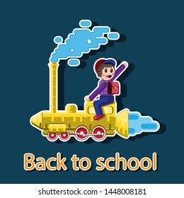 Schoolboy with a backpack sitting on the train that flies to school. Sticker illustration decor. Vector image. eps