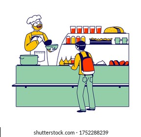 Schoolboy with Backpack Stand at Counter Desk with Cheerful Chef Character in School Cafe. Child Taking Meal for Dining in College. Student in Canteen or Cafeteria. Linear People Vector Illustration