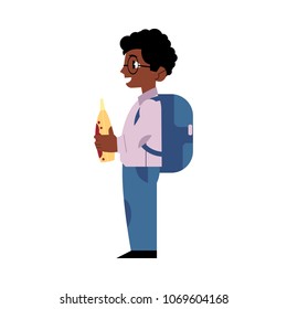 Schoolboy with backpack stands smiling and holds yellow bottle isolated on white background. Cartoon character of african school child with drink, side view. Vector illustration.