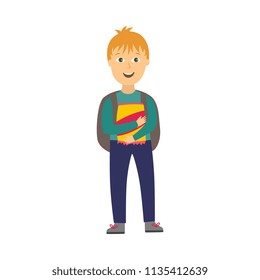 Schoolboy with backpack stands smiling and holds yellow package isolated on white background - flat cartoon character of school child with pack of snacks in vector illustration.