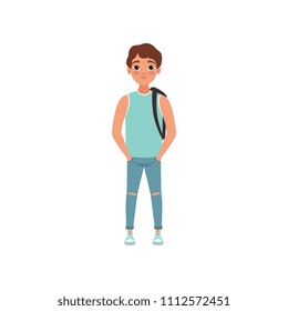 Schoolboy with backpack, student of highschool school, stage of growing up concept vector Illustration on a white background