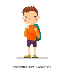 Schoolboy with bagpack. Happy little boy. Pupil in cartoon style. Child isolated on white background.