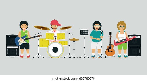 A schoolboy band with singers and musical instruments has a gray background.