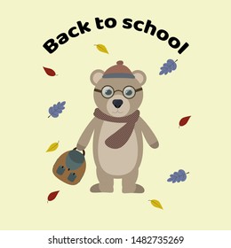 Schoolboy bear with a backpack. Bear with glasses.
