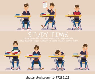 Schoolboy behind School Desk Banner Cartoon Vector Illustration. Male Character at Table with Book Piles, Learning, Getting Excellent Points for Test, Sleeping and Failing Exam, Playing Mobile Game.