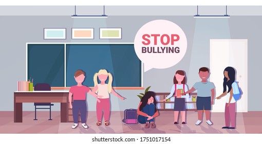 schoolboy being bullied by mix race classmates violence social anxiety stop bullying psychotherapy concept school classroom interior horizontal full length vector illustration