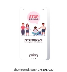 schoolboy being bullied by mix race classmates violence social anxiety stop bullying psychotherapy concept smartphone screen copy space full length vector illustration