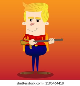 Schoolboy with a big gun. Vector cartoon character illustration.