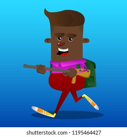 Schoolboy with a big gun. Vector cartoon character illustration.