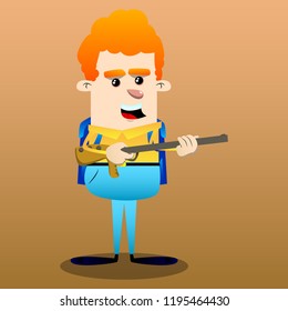 Schoolboy with a big gun. Vector cartoon character illustration.