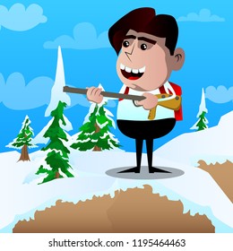 Schoolboy with a big gun. Vector cartoon character illustration.