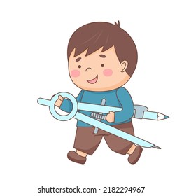 Escolar con una brújula de lápiz grande - de vuelta al concepto escolar y educativo
