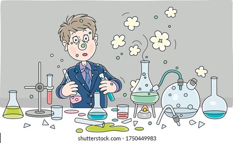 Schoolboy with a big scientific idea after an explosion during a dangerous experiment with chemical reagents and equipment at a chemistry lesson in a school class, vector cartoon illustration