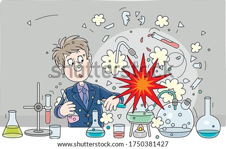 Schoolboy with a big scientific idea made an explosion during a dangerous experiment with chemical reagents and equipment at a chemistry lesson in a school class, vector cartoon illustration
