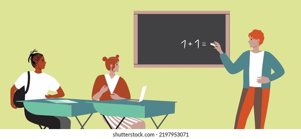 Schoolboy at blackboard in classroom, classmates children in classroom, flat vector stock illustration as concept of education and back to school