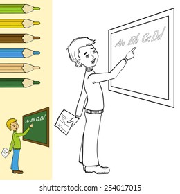 Schoolboy at blackboard outlined on a white background with colored preview, eps10