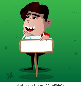 Schoolboy with blank paper on wood. Vector cartoon character illustration.