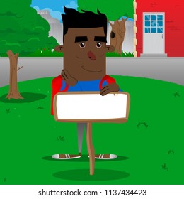 Schoolboy with blank paper on wood. Vector cartoon character illustration.