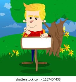 Schoolboy with blank paper on wood. Vector cartoon character illustration.