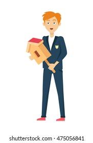 Schoolboy in blue jacket and pants. Smiling boy in school uniform with nesting box. Stand in front. Schoolboy isolated character. School personage. Vector illustration.