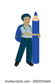 Schoolboy with a blue pencil. Multi-colored image on a white background. Close-up. Design element. Vector illustration.
