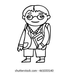 Schoolboy with a book, linear drawing on a white background.