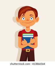 Schoolboy with book. Vector flat cartoon illustration