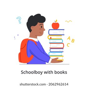 Schoolboy with books. Boy bringing textbooks to school, as well as food. Character with apple. Education, training, student. Smart child, kid with literature. Cartoon flat vector illustration