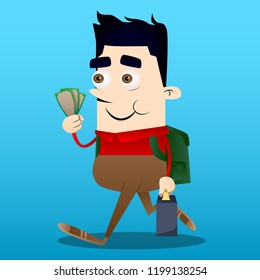 Schoolboy as boss with suitcase or bag holding or showing money bills. Vector cartoon character illustration.