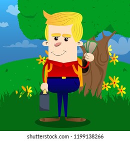 Schoolboy as boss with suitcase or bag holding or showing money bills. Vector cartoon character illustration.