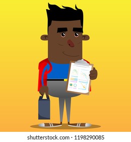 Schoolboy as boss with suitcase or bag shows finance report. Vector cartoon character illustration.