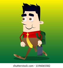 Schoolboy as boss with suitcase or bag and tie. Vector cartoon character illustration.