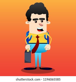 Schoolboy as boss with suitcase or bag and tie. Vector cartoon character illustration.