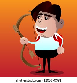 Schoolboy with bow and arrow. Vector cartoon character illustration.