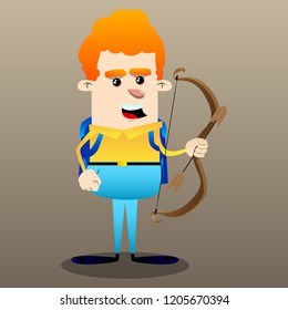 Schoolboy with bow and arrow. Vector cartoon character illustration.