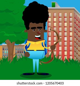 Schoolboy with bow and arrow. Vector cartoon character illustration.