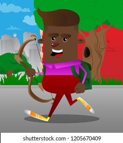 Schoolboy with bow and arrow. Vector cartoon character illustration.