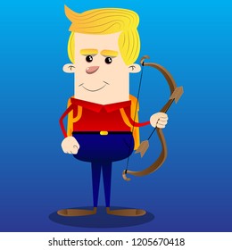 Schoolboy with bow and arrow. Vector cartoon character illustration.