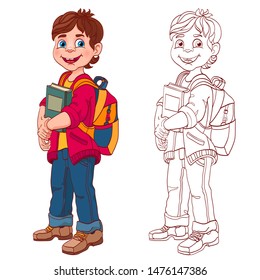 schoolboy , boy with books and backpack smiling, vector illustration isolated on white background vector