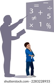 A schoolboy boy dreams of becoming a math teacher Presents himself as an adult near the blackboard with numbers and signs Vector