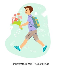 Un escolar corre a la escuela. Él está sosteniendo un ramo de flores rojas. El niño está feliz de ir a la escuela. Estilo plano dibujado a mano. Caricatura. Ilustración vectorial colorida.
