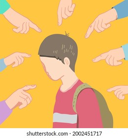 A schoolboy boy suffers from school bullying. Hands point a finger at him. Conceptual vector abstract illustration